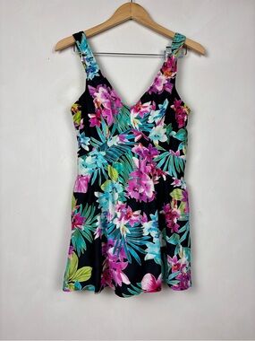 Maxine of Hollywood Floral Swim Dress Black Tropical Print V-Neck Swimsuit